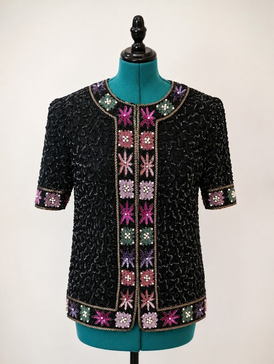 Laurence Kazar Tops - Vintage Laurence Kazar NY Embellished Sequin Beaded Black Jacket Top Large Silk
